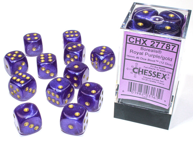 Chessex - Borealis Royal Purple/gold Luminary 16mm d6 Dice Block (12 dice)