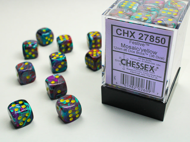 Chessex Festive Mosaic/yellow 12mm d6 Dice Block (36 Dice)