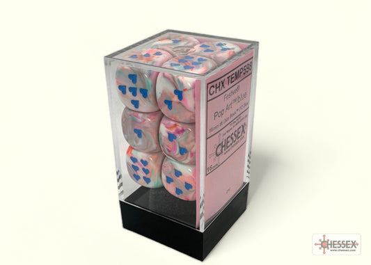 Heart Festive Pop Art/blue w/pips 16mm d6 Dice Block (12 dice)