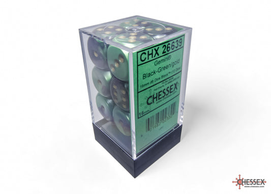 Chessex - Gemini Black-Green/gold 16mm d6 Dice Block (12 dice)