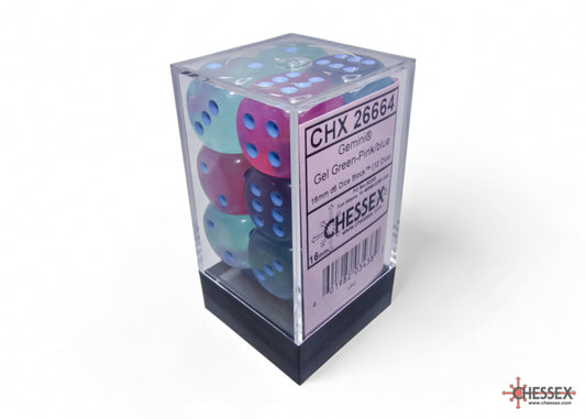 Chessex - Gemini Gel Green-Pink/blue Luminary 16mm d6 Dice Block (12 dice)