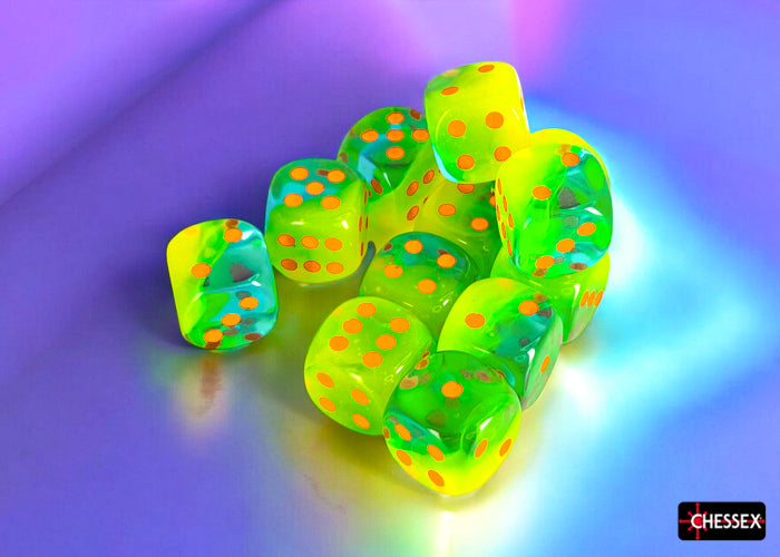 Chessex - Gemini Plasma Green-Teal/orange Luminary 16mm d6 Dice Block (12 dice)