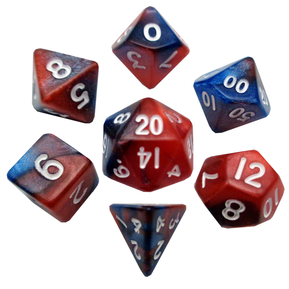 Red/Blue with White Numbers 10mm Mini 7 Polyhedral Dice Set - Fanroll Dice