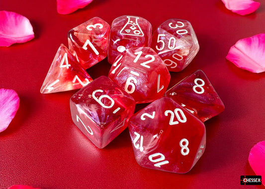 Chessex Lab Dice 9 - Borealis Passion/white Luminary Polyhedral 7-Dice Set (with bonus die)