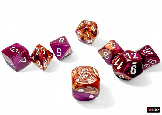 Chessex Lab Dice 9 - Gemini Copper-Purple/white Polyhedral 7-Dice Set (with bonus die)