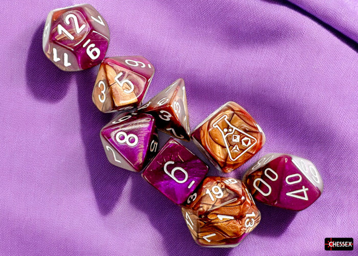 Chessex Lab Dice 9 - Gemini Copper-Purple/white Polyhedral 7-Dice Set (with bonus die)