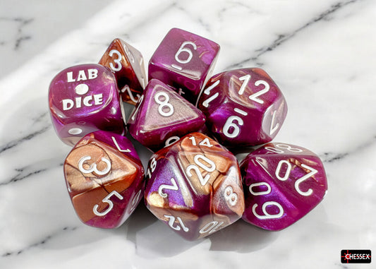 Chessex Lab Dice 9 - Gemini Copper-Purple/white Polyhedral 7-Dice Set (with bonus die)