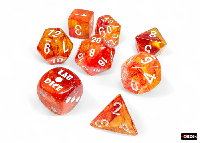 Chessex Lab Dice 9 - Nebula Molten/white Luminary Polyhedral 7-Dice Set (with bonus die)