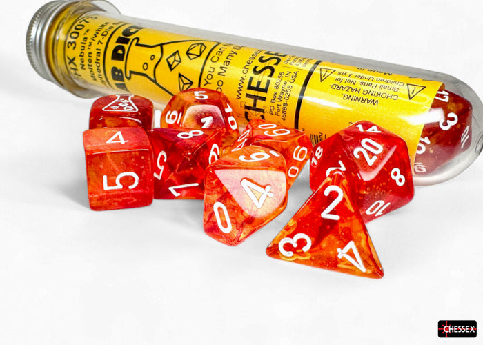 Chessex Lab Dice 9 - Nebula Molten/white Luminary Polyhedral 7-Dice Set (with bonus die)