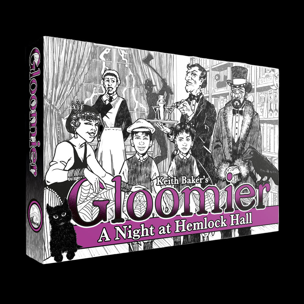 Board game box titled 'Gloomier: A Night at Hemlock Hall' with black and white illustrations