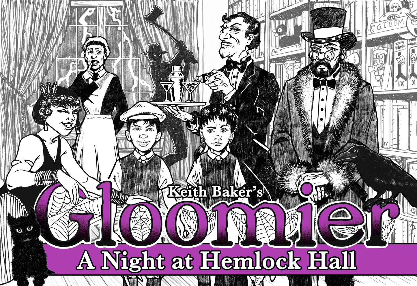 Black and white illustration of people in a room with text 'Keith Baker's Gloomier A Night at Hemlock Hall'.