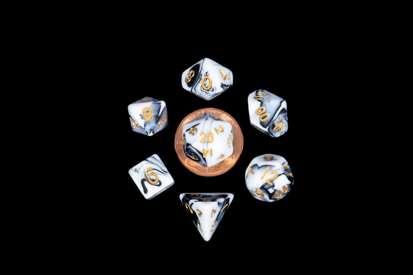 Marble with Gold Numbers 10mm Mini 7 Polyhedral Dice Set - Fanroll Dice