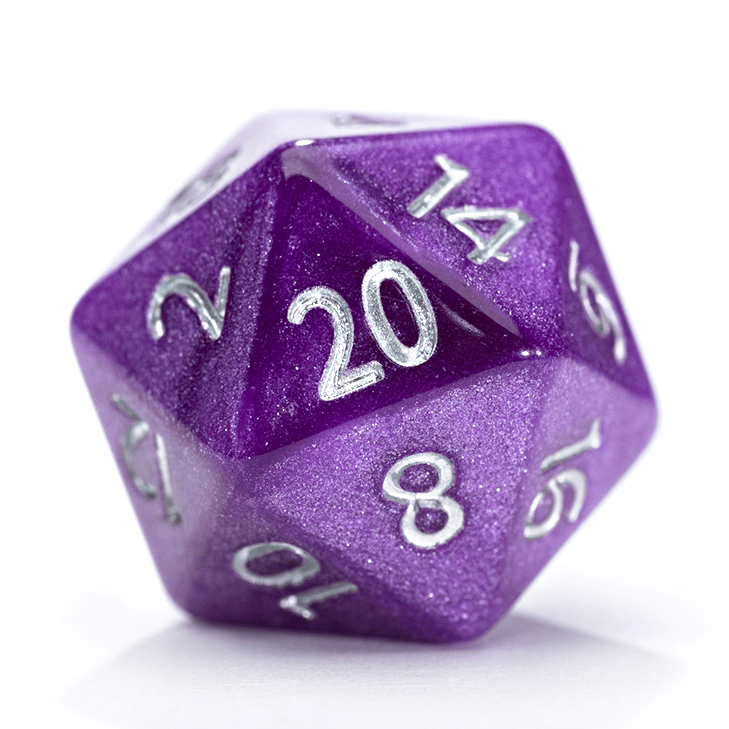 “Saturn” Mercurial Dice - Polyhedral 7-Dice Set - Sparkling Grape, w/ Silver Numbers.