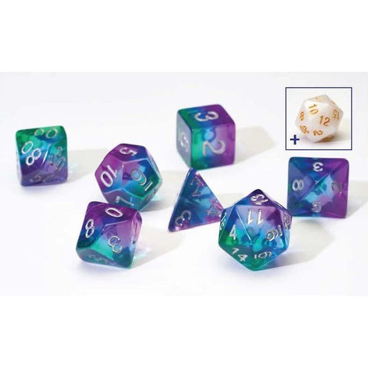 7 + 1 Translucent Resin Poly dice Set -  Blue Aurora, Silver pips - Sirius Dice