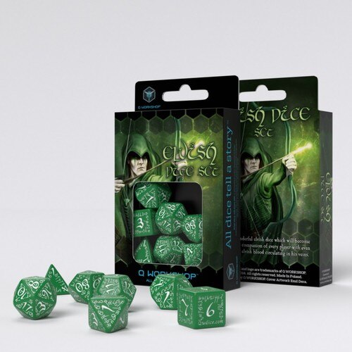 Q-Workshop - Elven - Set of 7 Polyhedral Dice - Green/White