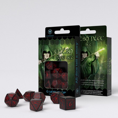 Q-Workshop - Elven - Set of 7 Polyhedral Dice - Black/Red