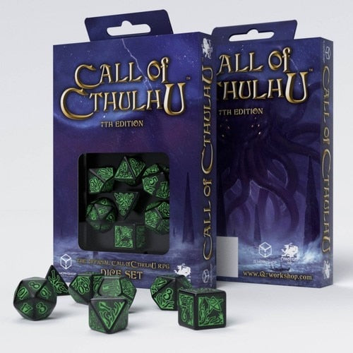 Q-Workshop - Call of Cthulhu 7th Ed - Set of 7 Polyhedral Dice - Black/Green