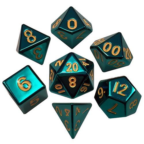 Metallic Dice Games - 16mm Polyhedral Dice  (Set of 7) - Turquoise Painted w/ gold Numbering