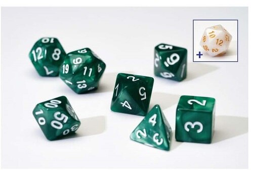 7 + 1 Opaque Acrylic Poly dice Set - Pearl Green, White pips - Sirius Dice