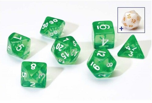 7 + 1 Translucent Resin Poly dice Set -  Green, White pips - Sirius Dice