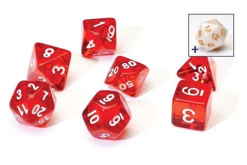7 + 1 Translucent Resin Poly dice Set -  Red, White pips - Sirius Dice