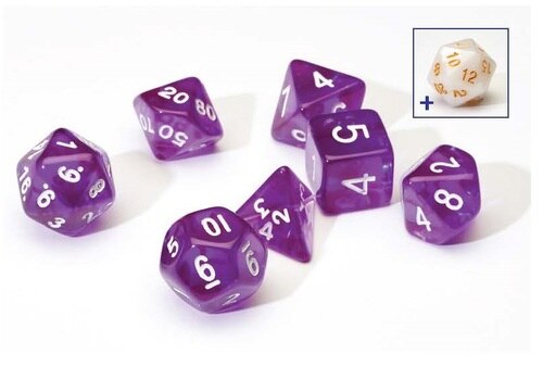 7 + 1 Translucent Resin Poly dice Set -  Purple, White pips - Sirius Dice