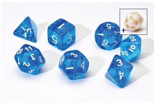 7 + 1 Translucent Resin Poly dice Set -  Blue, White pips - Sirius Dice