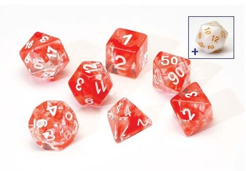 7 + 1 Translucent Resin Poly dice Set -  Red Cloud, White pips - Sirius Dice