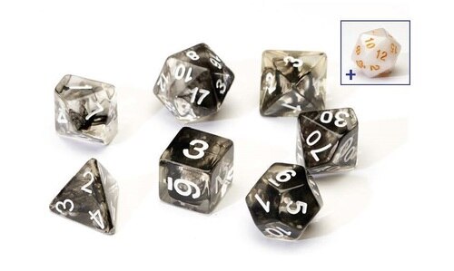 7 + 1 Translucent Resin Poly dice Set -  Black Cloud, White pips - Sirius Dice