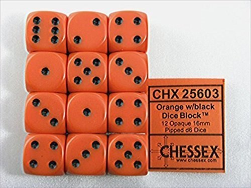 Chessex Dice - Opaque - 16mm D6 Dice Orange/Black Pips (12 count)