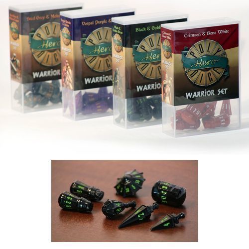 Polyhero Dice - Warrior Set - Black with Goblin Green Pips (Set of 7)