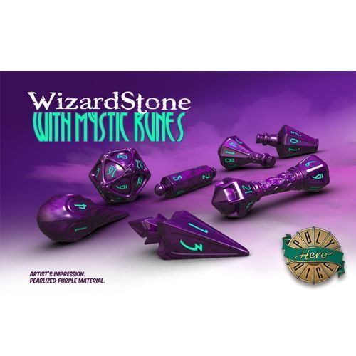 Polyhero Dice - Wizard Set - Purple Wizard Stone with Mystic Rune Teal Pips (Set of 7)