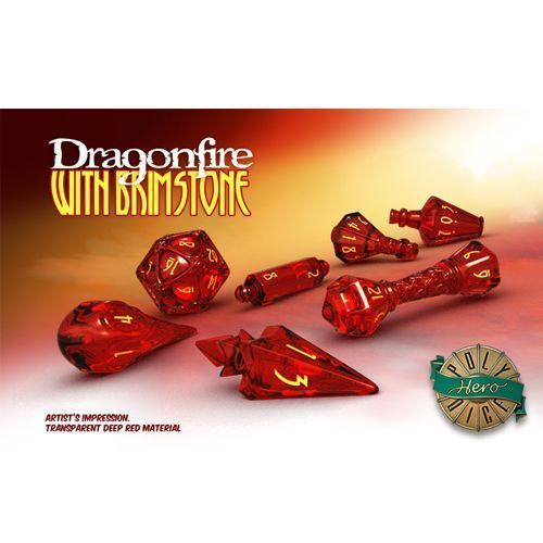 Polyhero Dice - Wizard Set - Translucent Red Dragonfire with Brimstone Yellow Pips (Set of 7)