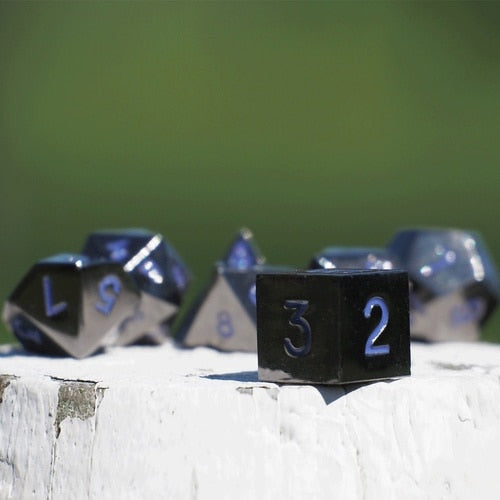 Easy Roller - 16mm Gun Metal RPG Polyhedral Dice (Set of 7) - Purple Numbering