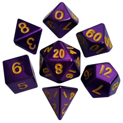 Metallic Dice Games - 16mm Polyhedral Dice  (Set of 7) - Purple Painted w/ gold Numbering
