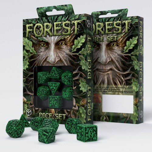 Q-Workshop - Forest - Set of 7 Polyhedral Dice - Green/Black
