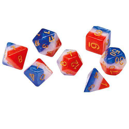 7 + 1 Resin Poly Dice Set -  Red White and Blue, Gold pips - Sirius Dice