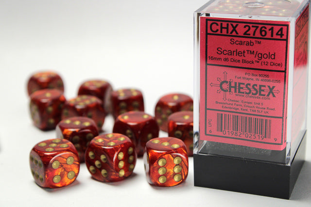 Chessex - Scarab Scarlet/gold 16mm d6 Dice Block (12 dice)