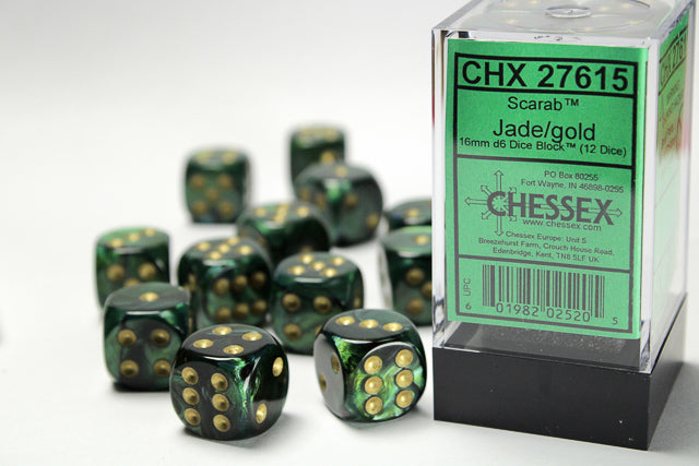 Chessex -  Scarab Jade/gold 16mm d6 Dice Block (12 dice)