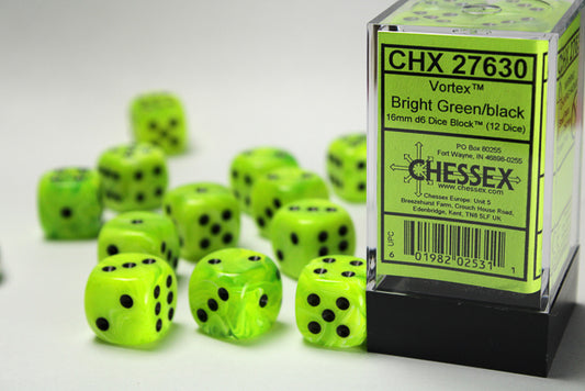 Chessex - Vortex Bright Green/black 16mm d6 Dice Block (12 dice)