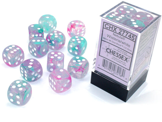 Chessex -  Nebula Wisteria/white Luminary 16mm d6 Dice Block (12 dice)