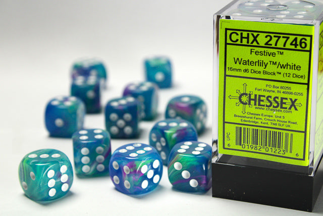 Chessex -  Festive Waterlily/white 16mm d6 Dice Block (12 dice)