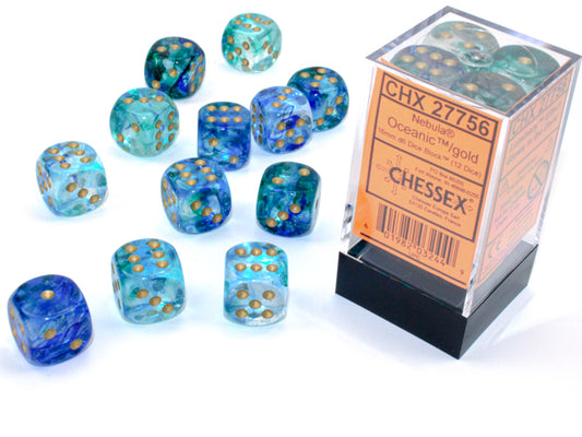 Chessex -   Nebula Oceanic/gold Luminary 16mm d6 Dice Block (12 dice)