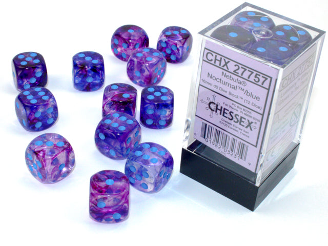Chessex - Nebula Nocturnal/blue Luminary 16mm d6 Dice Block (12 dice)