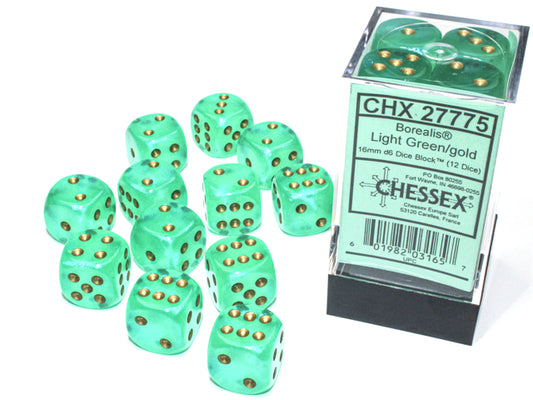 Chessex - Borealis Light Green/gold Luminary 16mm d6 Dice Block (12 dice)