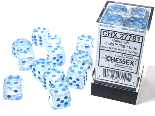 Chessex - Borealis Icicle/light blue Luminary 16mm d6 Dice Block (12 dice)