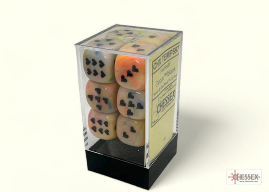 Heart Festive Circus/black w/pips 16mm d6 Dice Block (12 dice)