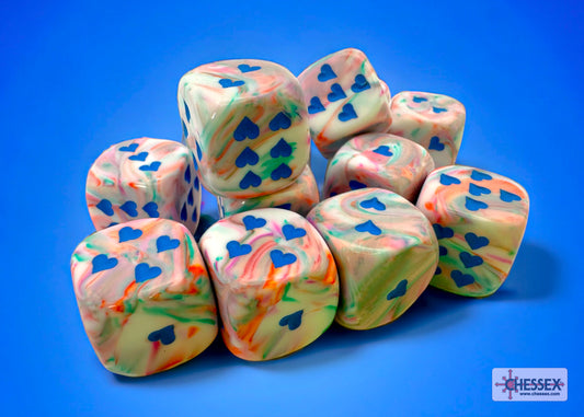 Heart Festive Pop Art/blue w/pips 16mm d6 Dice Block (12 dice)