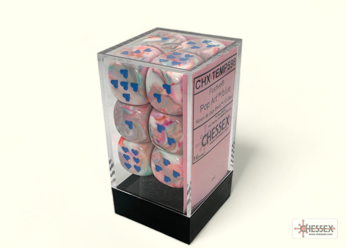 Heart Festive Pop Art/blue w/pips 16mm d6 Dice Block (12 dice)