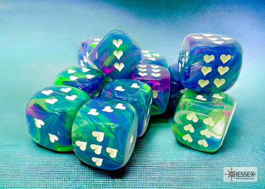 Heart Festive Waterlily/white w/pips 16mm d6 Dice Block (12 dice)